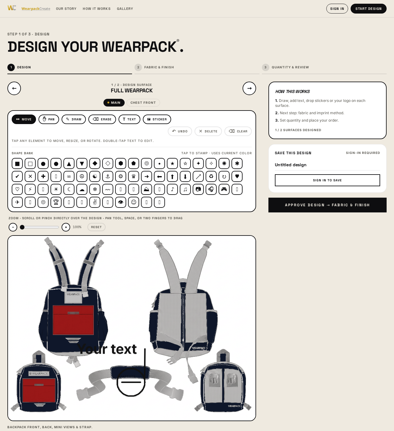 Finished Wearpack design in Navy and Red classic colorway