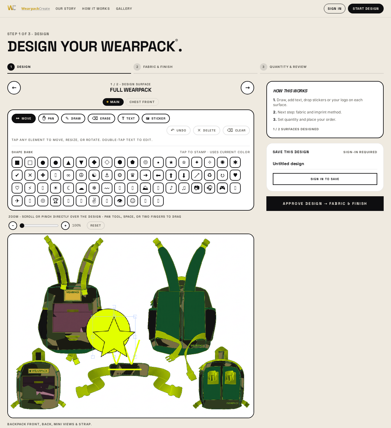 Finished Wearpack design with Woodland camo shell and rose pockets
